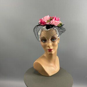 1950s 60s Whimsy Hat,Vintage Pink Rose Fascinator, Black Birdcage Veil Half Hat